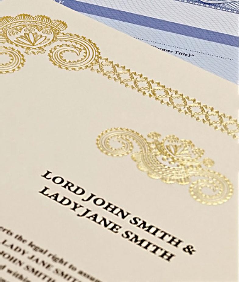 Lord Titles Couples Certificate